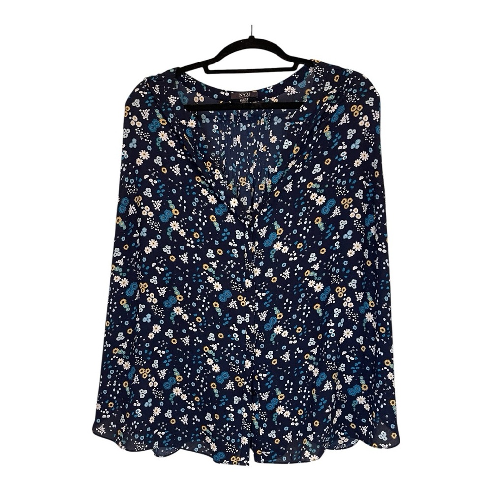 NYDJ Navy Floral Button-Front V-Neck Blouse with Blue & Cream Accents